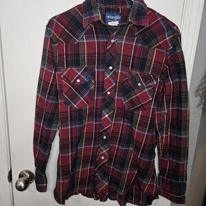 Wrangler Men's Burgundy and Black Plaid Shirt